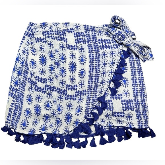 NWT Forever 21 Blue White Tassel Wrap Mini Skirt XS Boho Festival - Picture 3 of 5